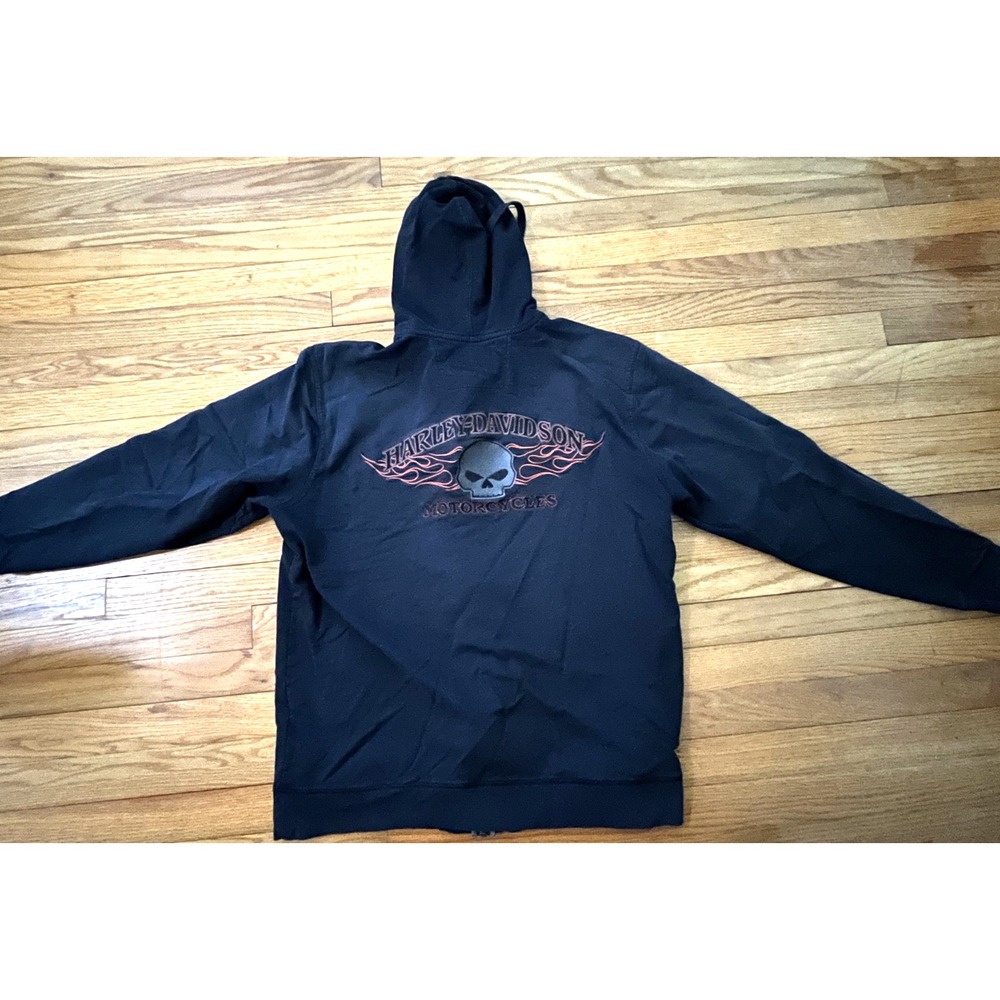 Harley-Davidson Black Embroidered Full Zip Hoodie Sweatshirt Mens XL Skull Flame